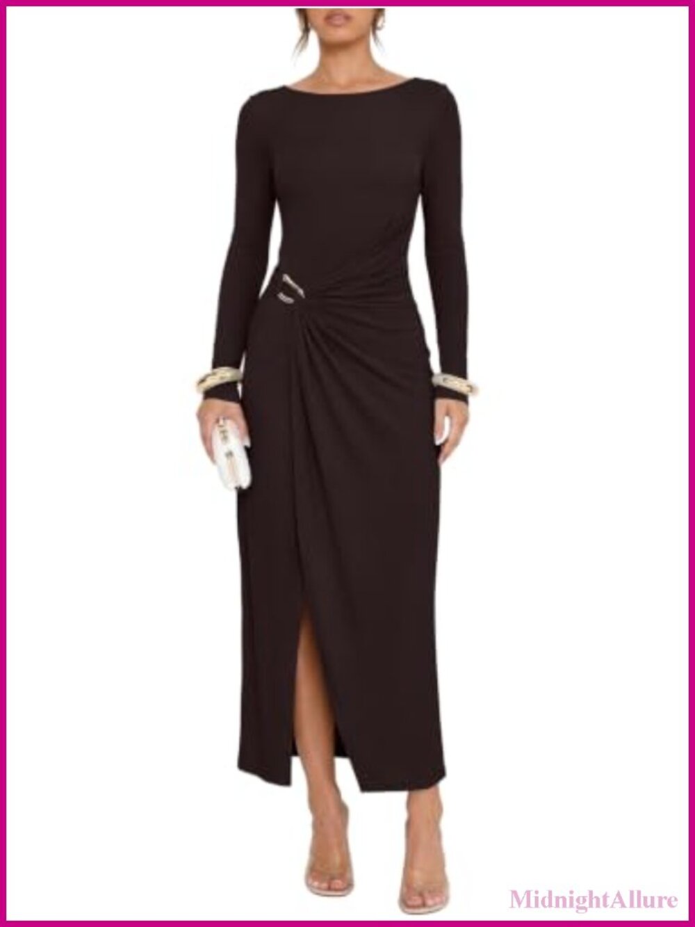 REORIA Long Sleeve Boat Neck Ruched Bodycon Midi Dress